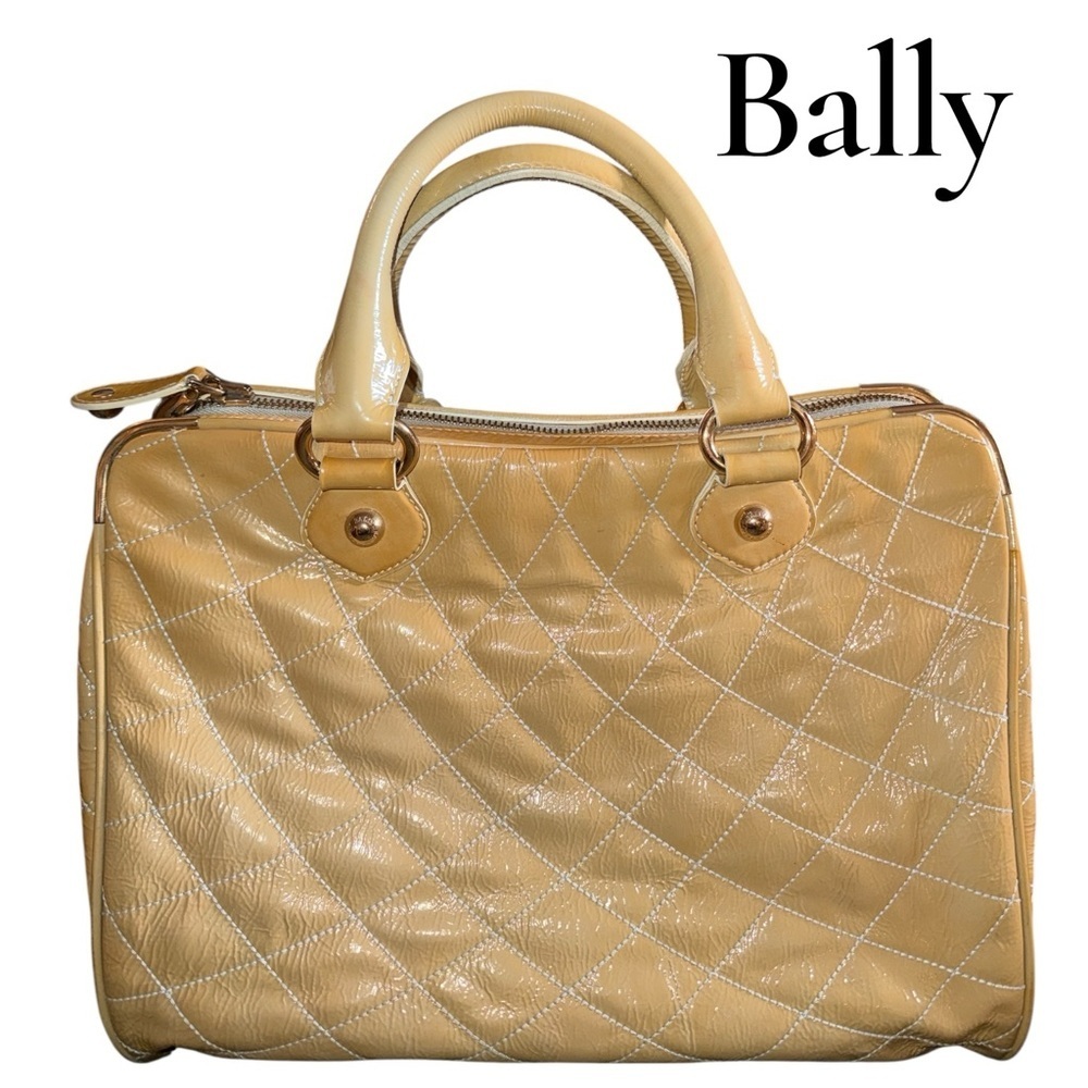Vintage Bally Quilted Patent Leather Travel Bag Cream Italy Carryall Zipper Logo